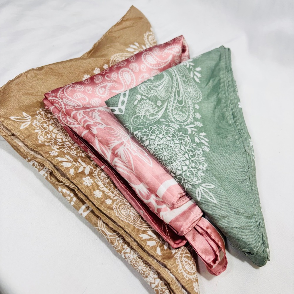 3pc Paisley Bandana Scarf Set Sage Green Pink Tan Boho Hair Neck Accessory - Picture 6 of 9